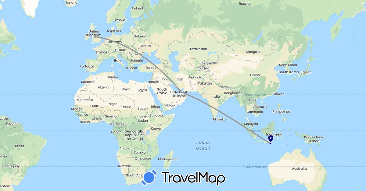 TravelMap itinerary: driving, plane in United Arab Emirates, United Kingdom, Indonesia (Asia, Europe)